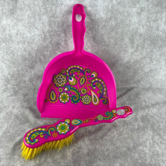 Vtg Floral Paisley Cleaning Brush & Dustpan Set Hot Pink Green Plastic Retro HTF - Picture 1 of 12